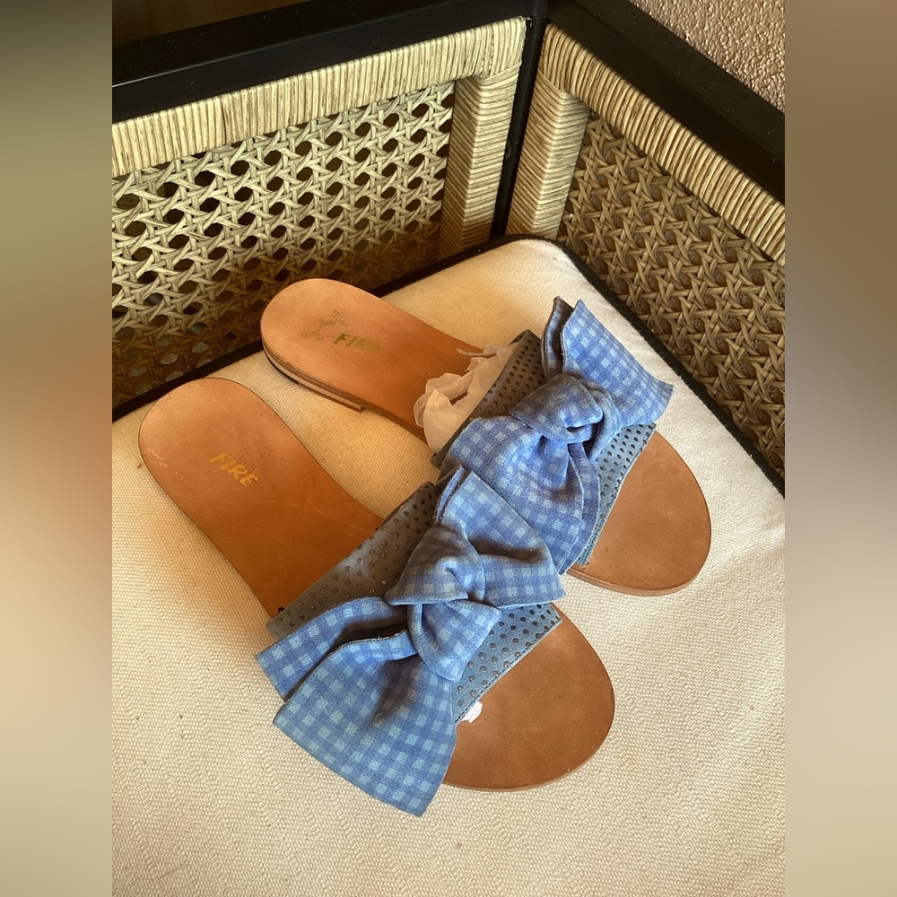 Anthropologie Miss L Fire Tan Blue Gingham Bow Sandals Size EU 39